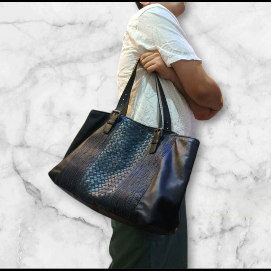 ㊣✨Bottega Veneta ✨寶緹嘉 BV 小牛皮 深藍 編織 拼接 手提包 托特包 文件包 媽媽包/二手包/二手精品/保證正品🌳二手樹屋🌳-46