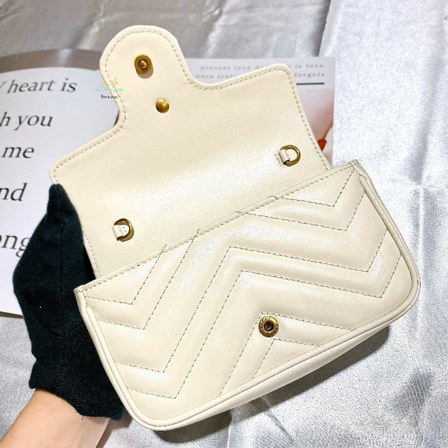 GUCCI 476433 白色 Mini GG Marmont 雙G 馬夢系列 掀蓋 迷你 兩用 鍊包 腰包 晚宴包-10