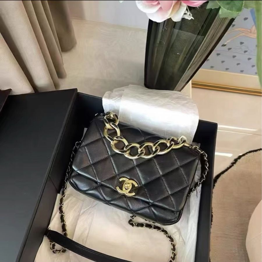 氣質必收款😍99新🆕Chanel香奈兒22Amini黑金雙鏈條芯片款手提單肩斜挎包-5