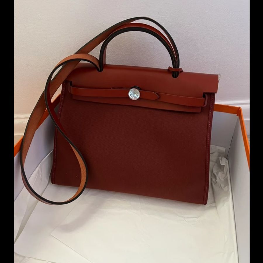 Hermes 愛馬仕 Herbag 31 愛馬仕紅 酒紅銀扣 手提 肩背  🈶子袋-0