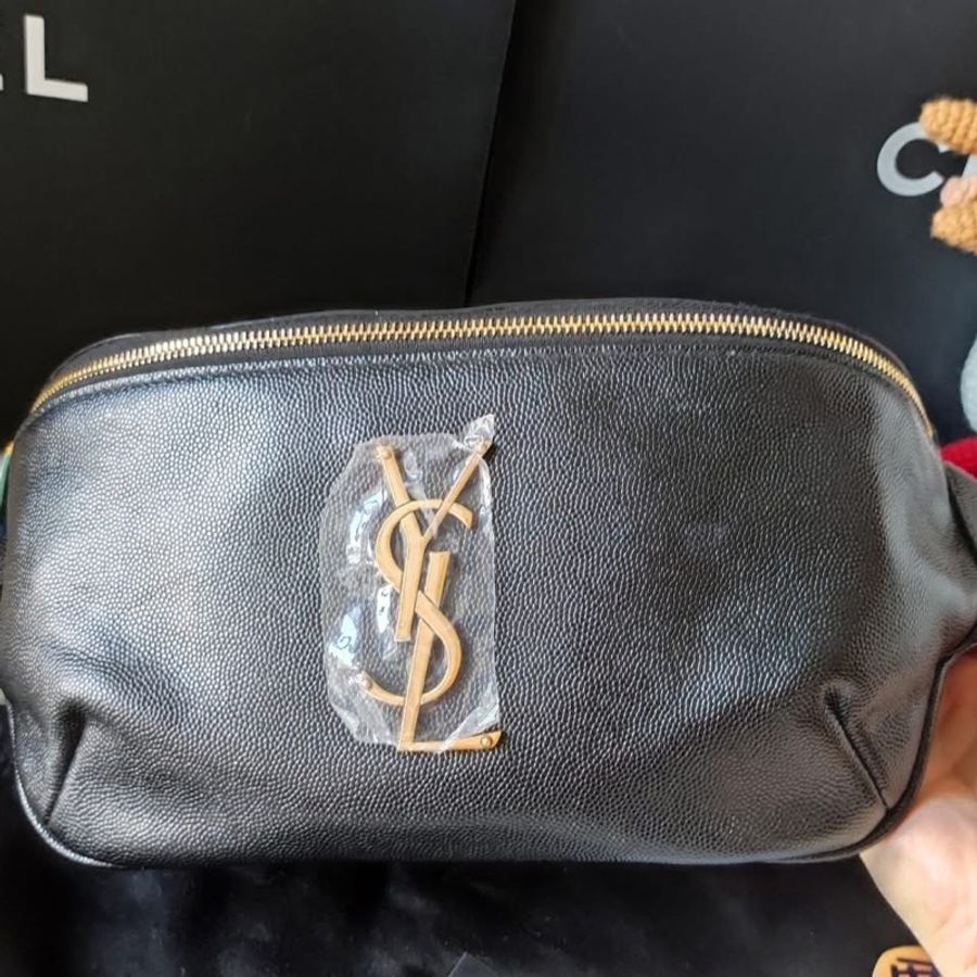 YSl 黑金 荔枝牛皮 胸口 腰包-0