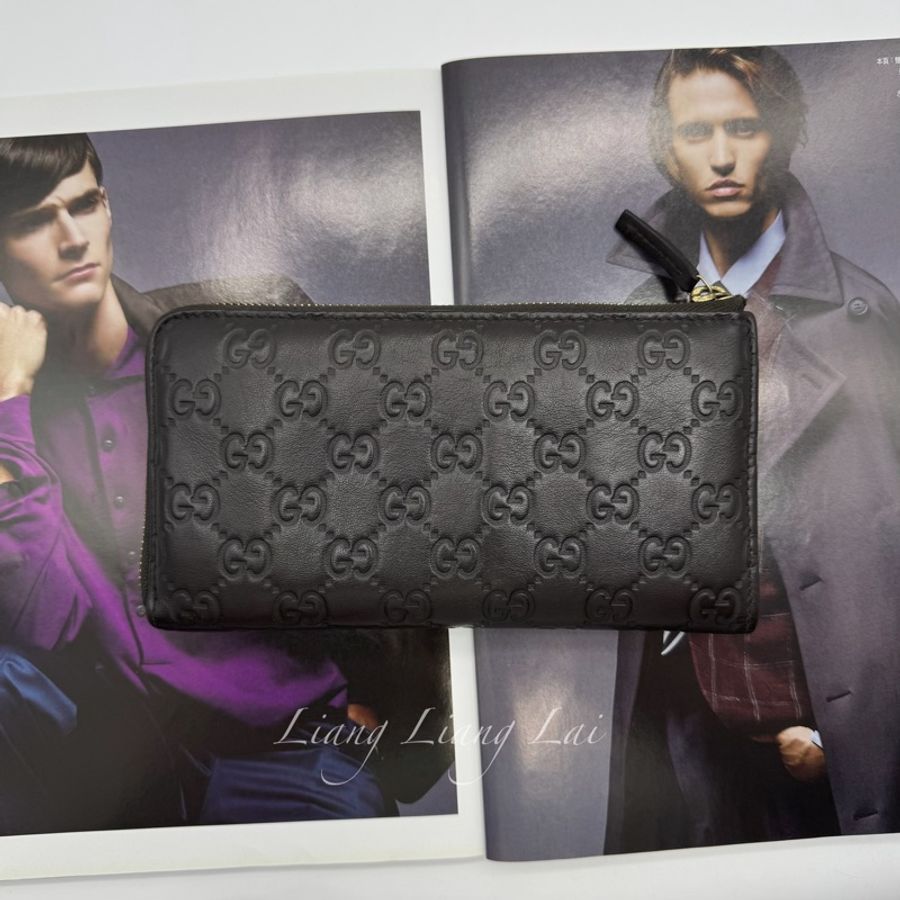GUCCI 古馳 Guccissima GG小牛皮深咖啡色拉鍊長夾-1