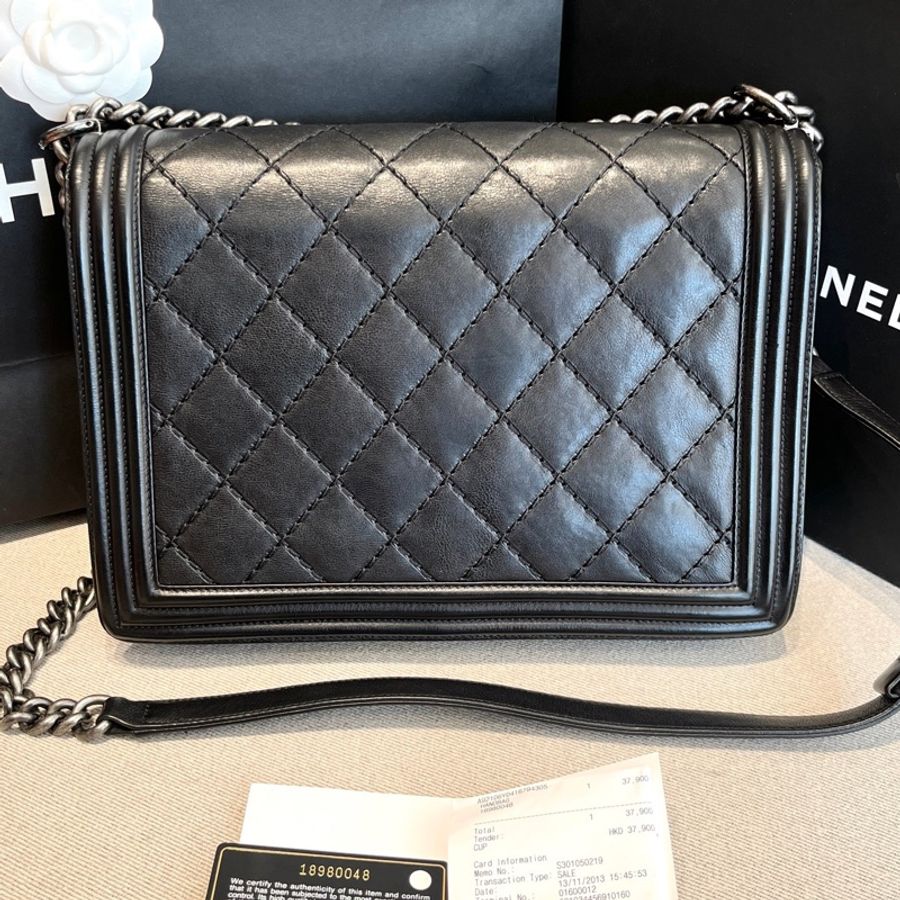 Chanel • Le Boy 28 經典菱格紋牛皮大號鏈條包 附購證、保卡-4