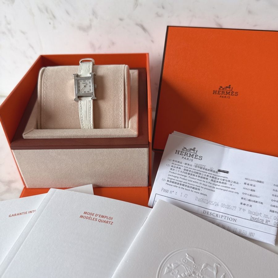 近全新✨ Hermes Heure H 手錶 滿鑽H手錶 鱷魚皮錶帶 台灣購證購入-0