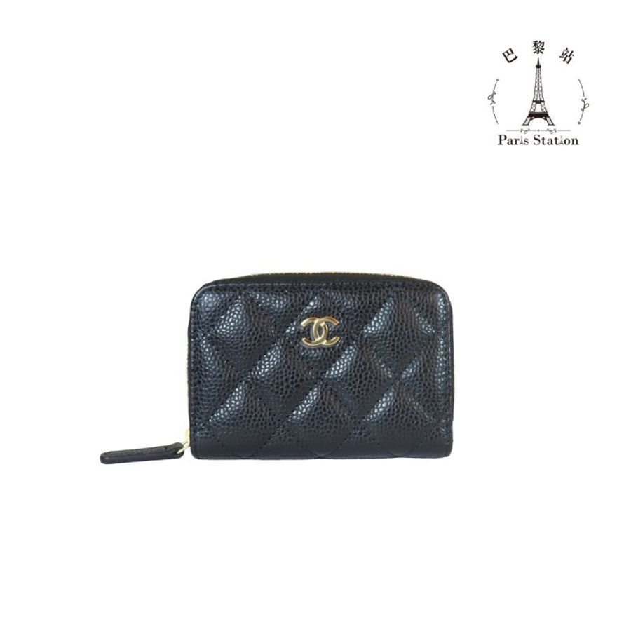 【巴黎站二手名牌專賣】*現貨*CHANEL 香奈兒 真品*AP0216 黑荔枝皮革金雙C拉鍊卡夾零錢包-0