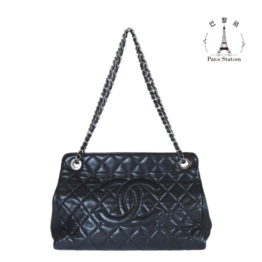 【巴黎站二手名牌專賣店】＊現貨＊CHANEL 香奈兒 真品* 黑色菱格紋荔枝牛皮雙C LOGO橫式鍊肩背包-0
