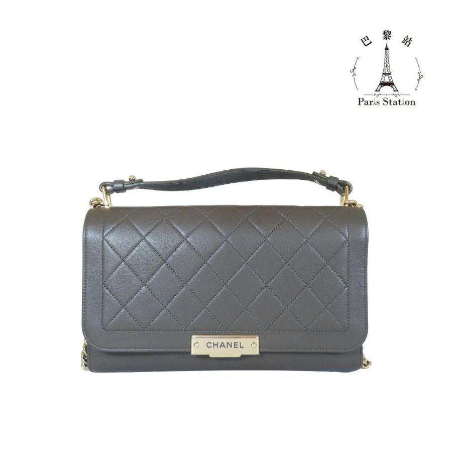 【巴黎站二手名牌專賣店】*現貨*CHANEL 香奈兒 真品* 橄欖綠前金牌掀蓋釦式手提兩用鏈包-0