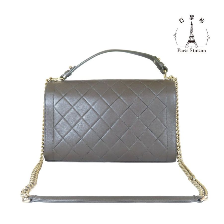 【巴黎站二手名牌專賣店】*現貨*CHANEL 香奈兒 真品* 橄欖綠前金牌掀蓋釦式手提兩用鏈包-1