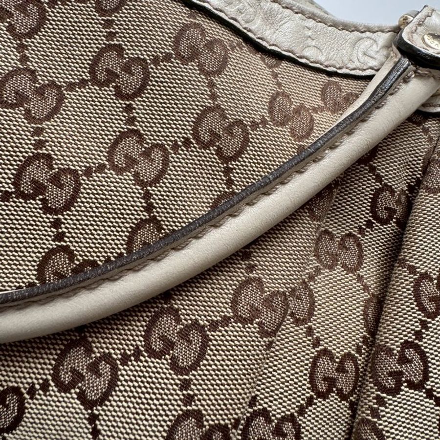 ‼️打折出清 GUCCI 咖啡色緹花米白邊 手提肩背包 購物包-12