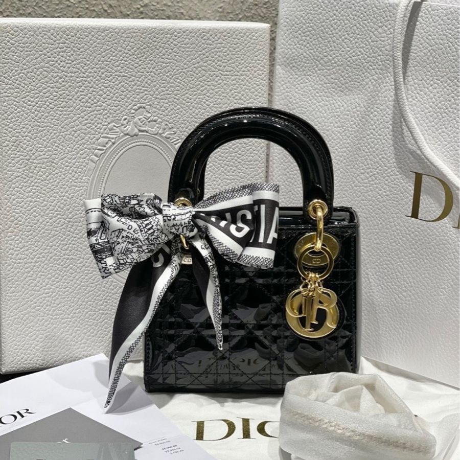 Dior迪奧黑金三格漆皮Lady戴妃包鏈條包-9