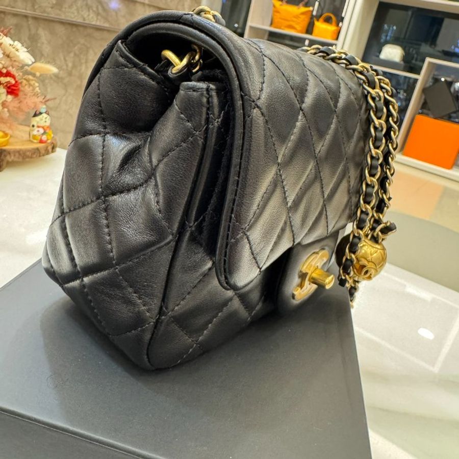 *SHIHNA名牌精品* CHANEL mini coco CF17 黑金羊皮核桃金球 方胖子-2