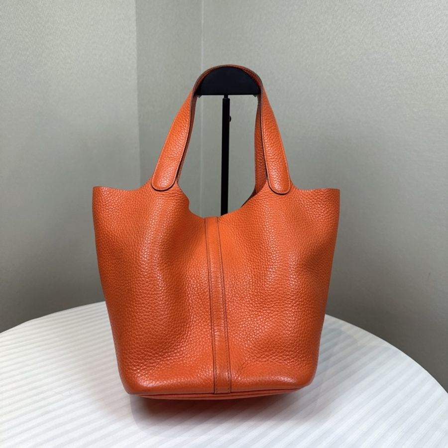 愛馬仕/Hermes Picotin Lock 22 橘色銀扣菜籃子手提水桶包 22x17x21cm-1