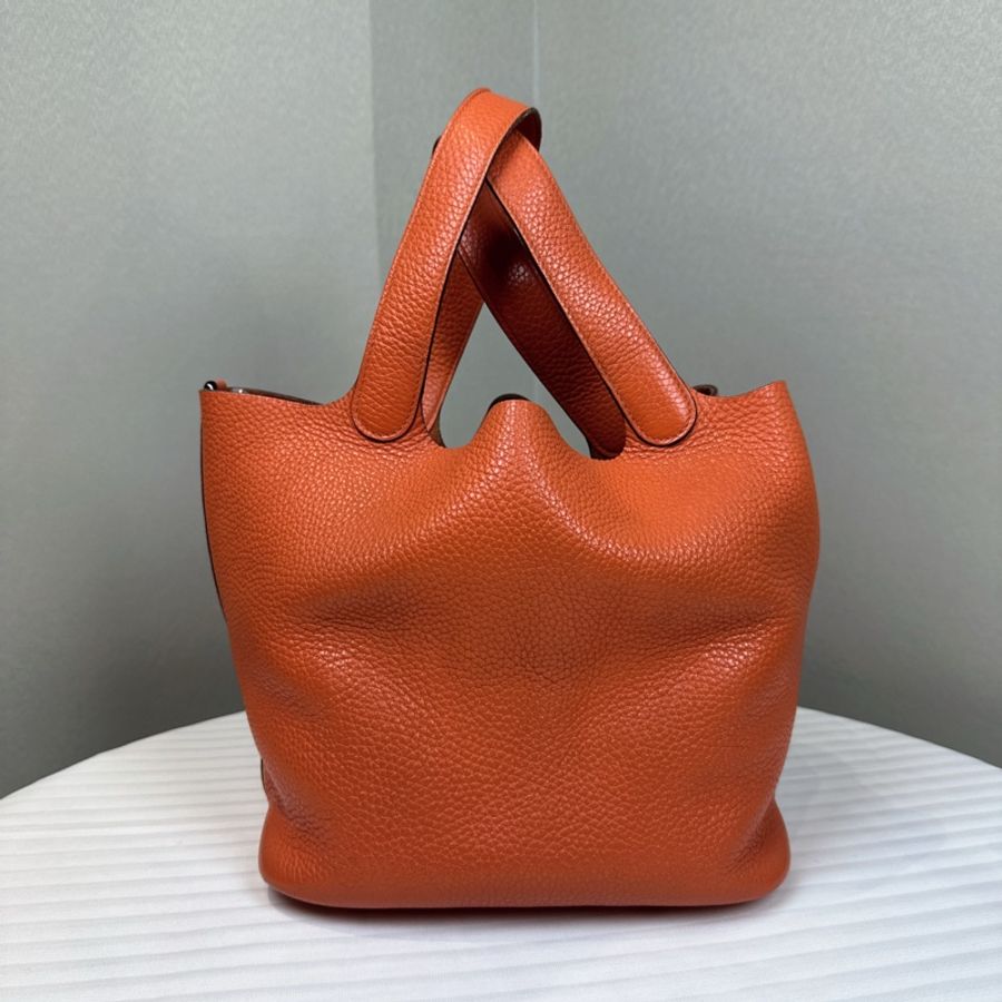 愛馬仕/Hermes Picotin Lock 22 橘色銀扣菜籃子手提水桶包 22x17x21cm-3