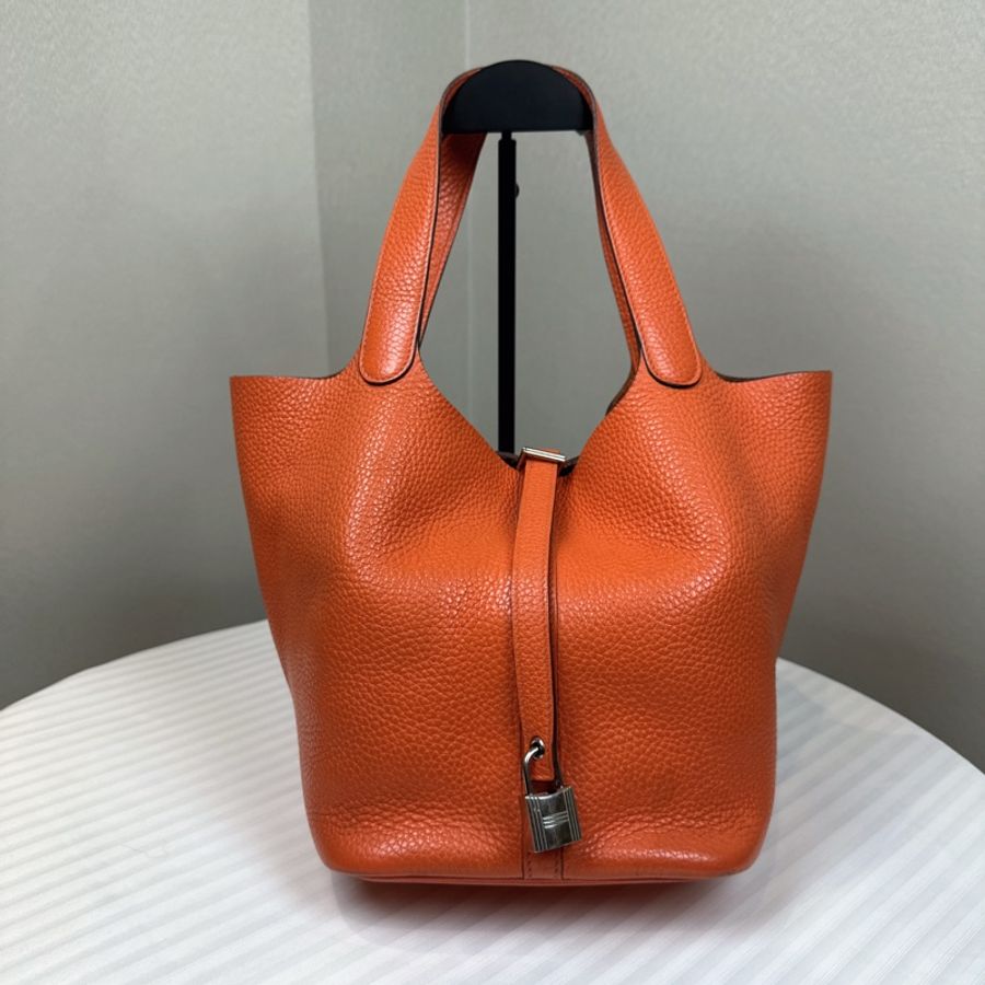 愛馬仕/Hermes Picotin Lock 22 橘色銀扣菜籃子手提水桶包 22x17x21cm-9