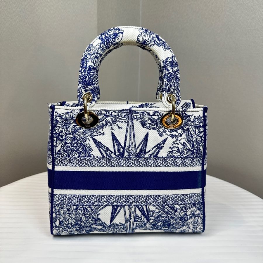 迪奧/Dior Lady D-Lite 藍白帆布刺繡戴妃手提斜背包 24x12x20cm-10