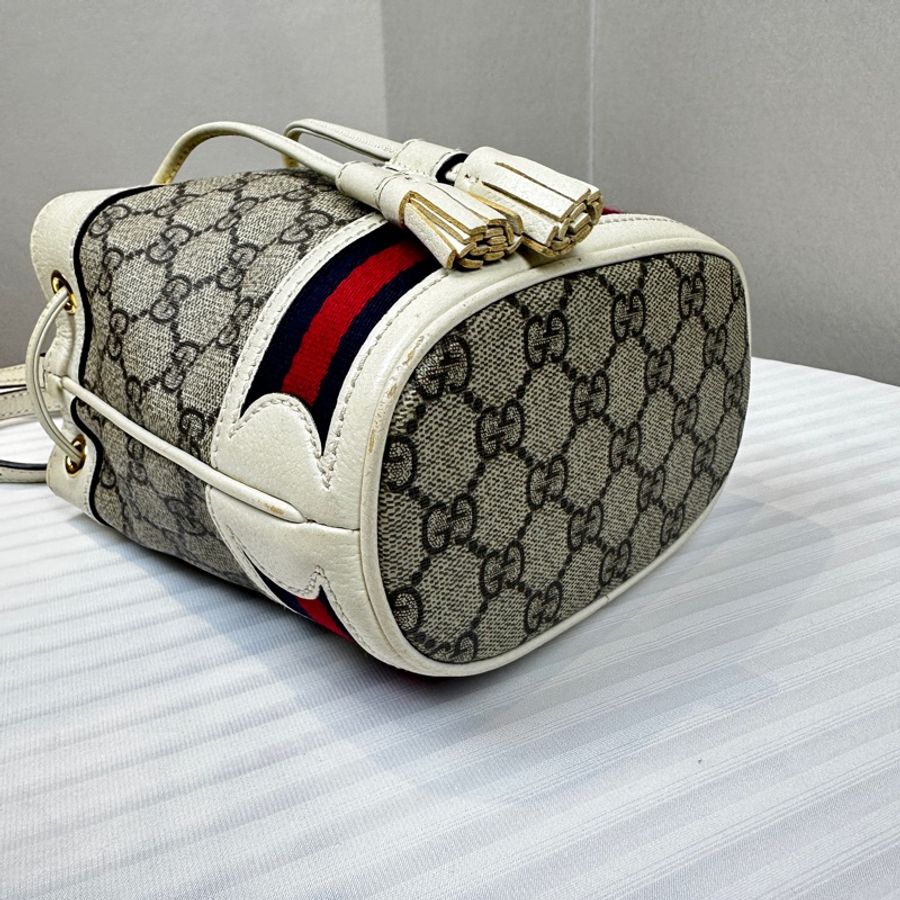 古馳/Gucci Ophidia GG Mini Bucket 金扣塗層帆布米色斜背袋水桶包16x11x19cm-4