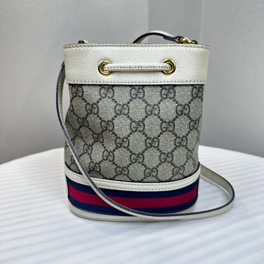 古馳/Gucci Ophidia GG Mini Bucket 金扣塗層帆布米色斜背袋水桶包16x11x19cm-10