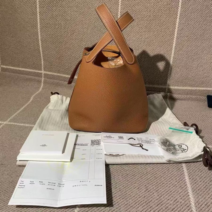 Hermes愛馬仕水桶18金棕色k刻銀扣,配件塵袋發票鎖鑰匙-0