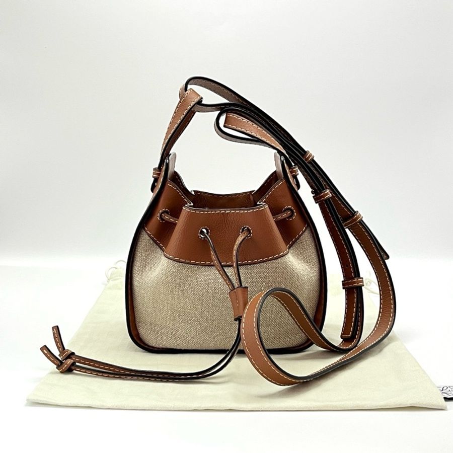LOEWE 焦糖色拼帆布mini肩背斜背吊床包18*18*11 98新配件塵袋-1