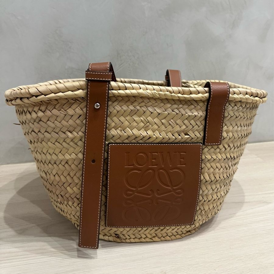LOEWE 羅威 Medium Basket 小款 棕櫚葉拼小牛皮 托特包 編織包 草編包 原色/棕褐色-1