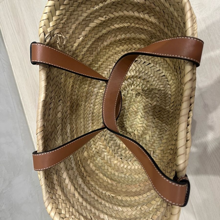 LOEWE 羅威 Medium Basket 小款 棕櫚葉拼小牛皮 托特包 編織包 草編包 原色/棕褐色-2