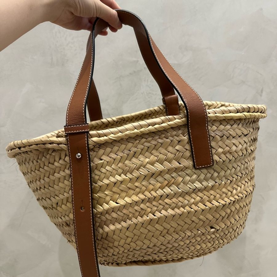 LOEWE 羅威 Medium Basket 小款 棕櫚葉拼小牛皮 托特包 編織包 草編包 原色/棕褐色-3