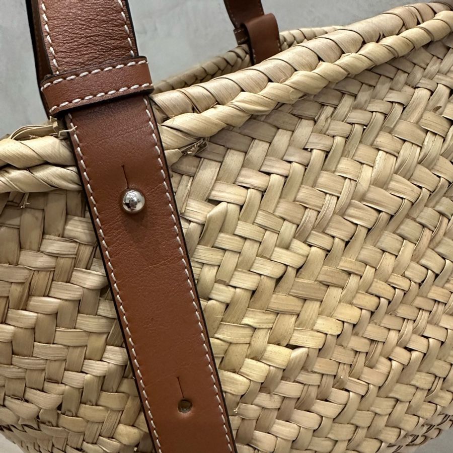 LOEWE 羅威 Medium Basket 小款 棕櫚葉拼小牛皮 托特包 編織包 草編包 原色/棕褐色-10