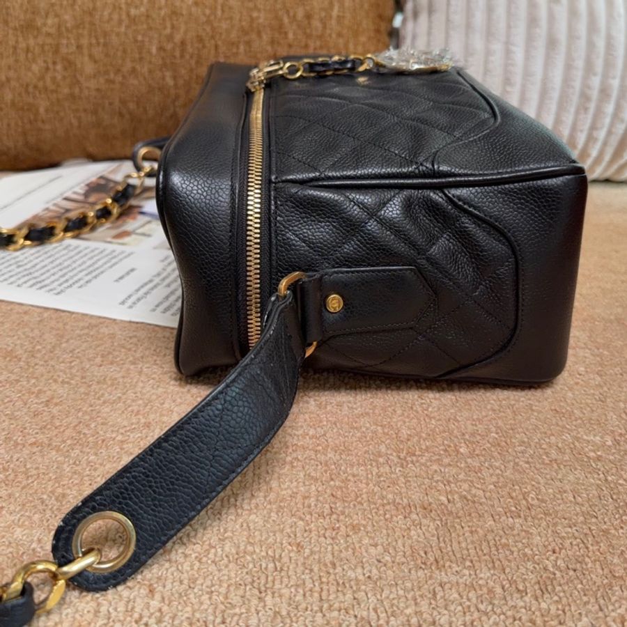 【近新閒置品】香奈兒Chanel 中古1開盒子包荔枝紋皮黑金菱格斜挎包單肩包大號-3