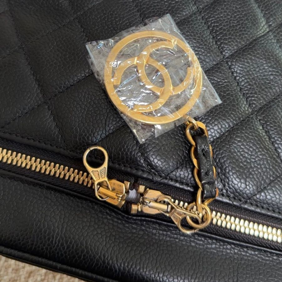 【近新閒置品】香奈兒Chanel 中古1開盒子包荔枝紋皮黑金菱格斜挎包單肩包大號-5