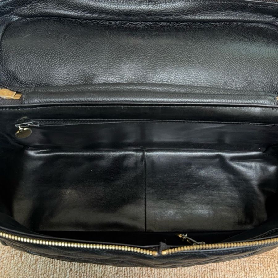 【近新閒置品】香奈兒Chanel 中古1開盒子包荔枝紋皮黑金菱格斜挎包單肩包大號-9