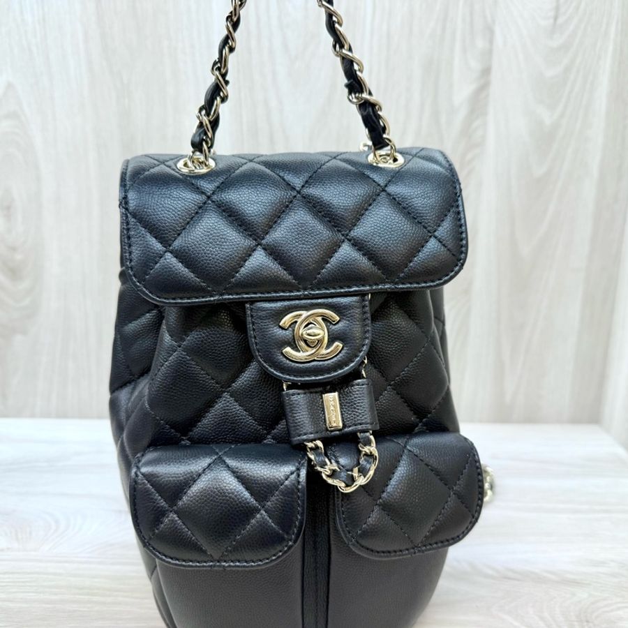 CHANEL黑金粒紋牛皮束口雙口袋後背包AS3290-7