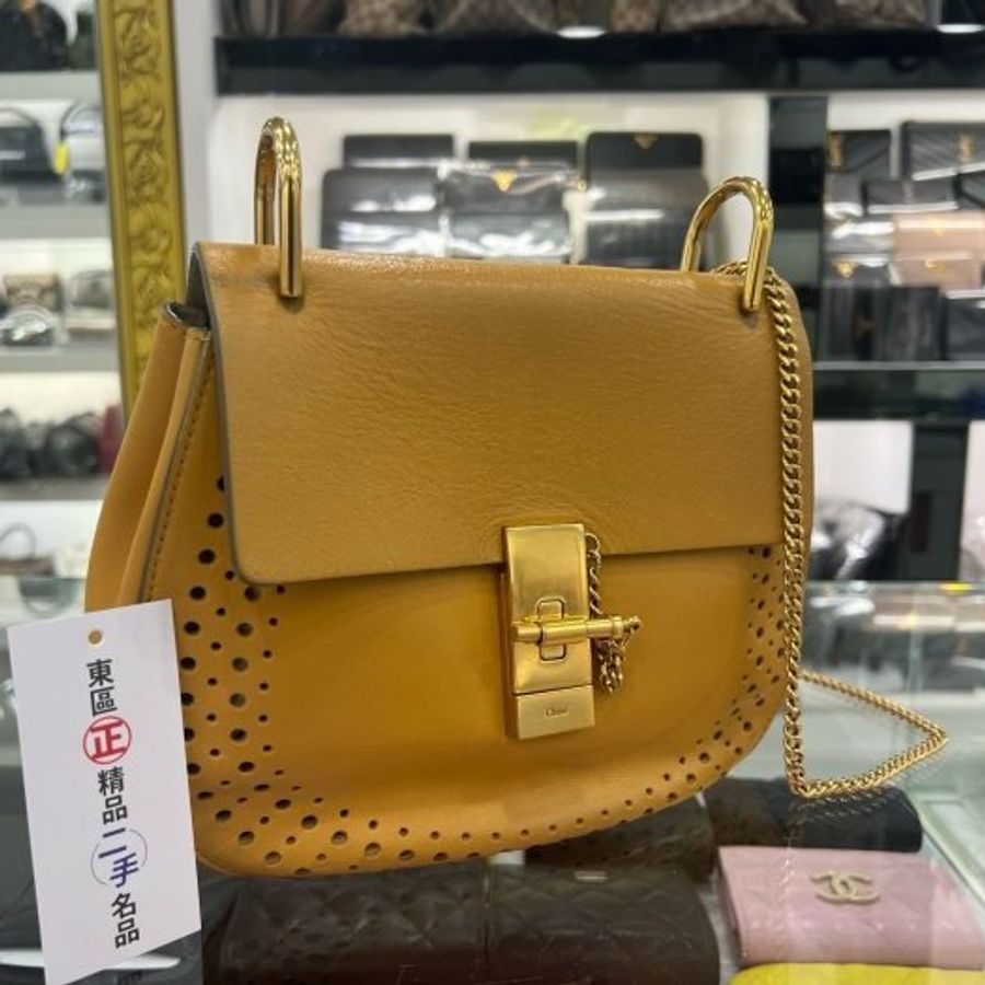 東區正精品㊣Chloe Drew 駝色全皮洞洞金扣小豬包斜背包 RZ3965-0