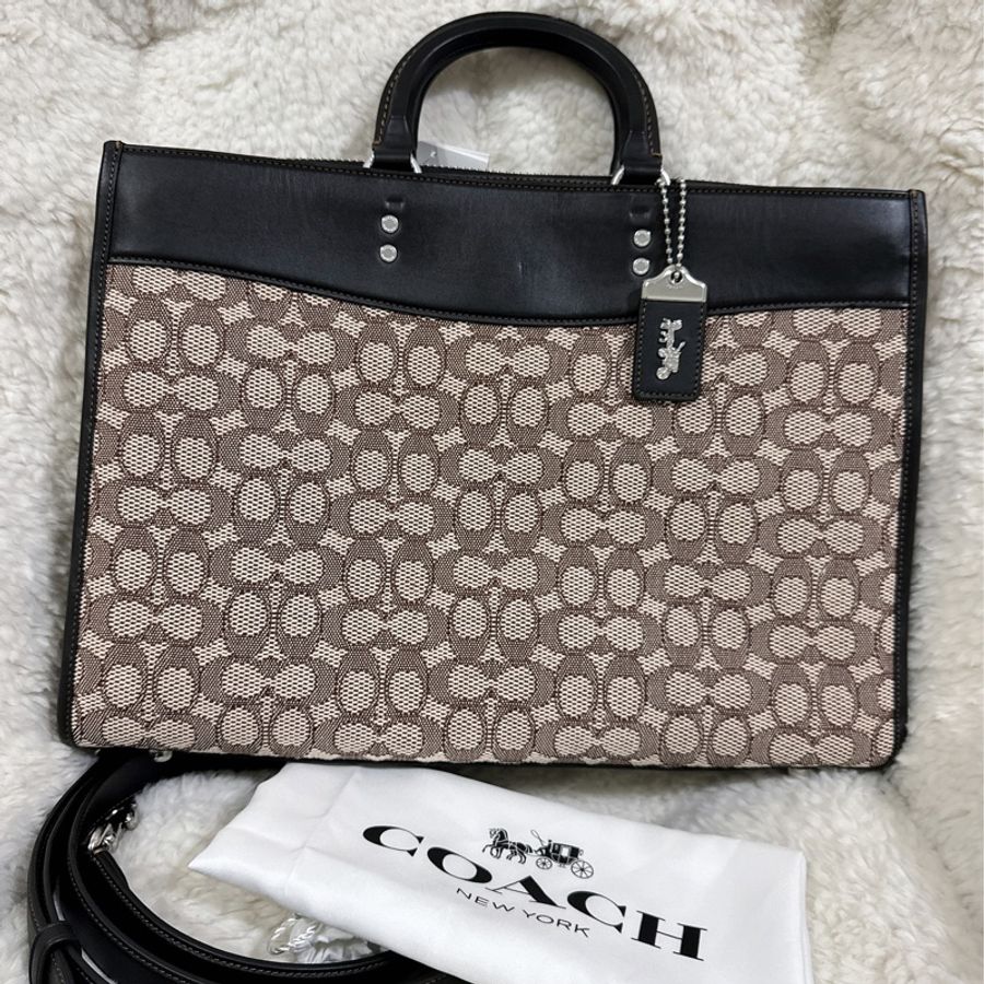 未使用有些許瑕疵COACH ROGUE經典提花面料男用手提公事包-9