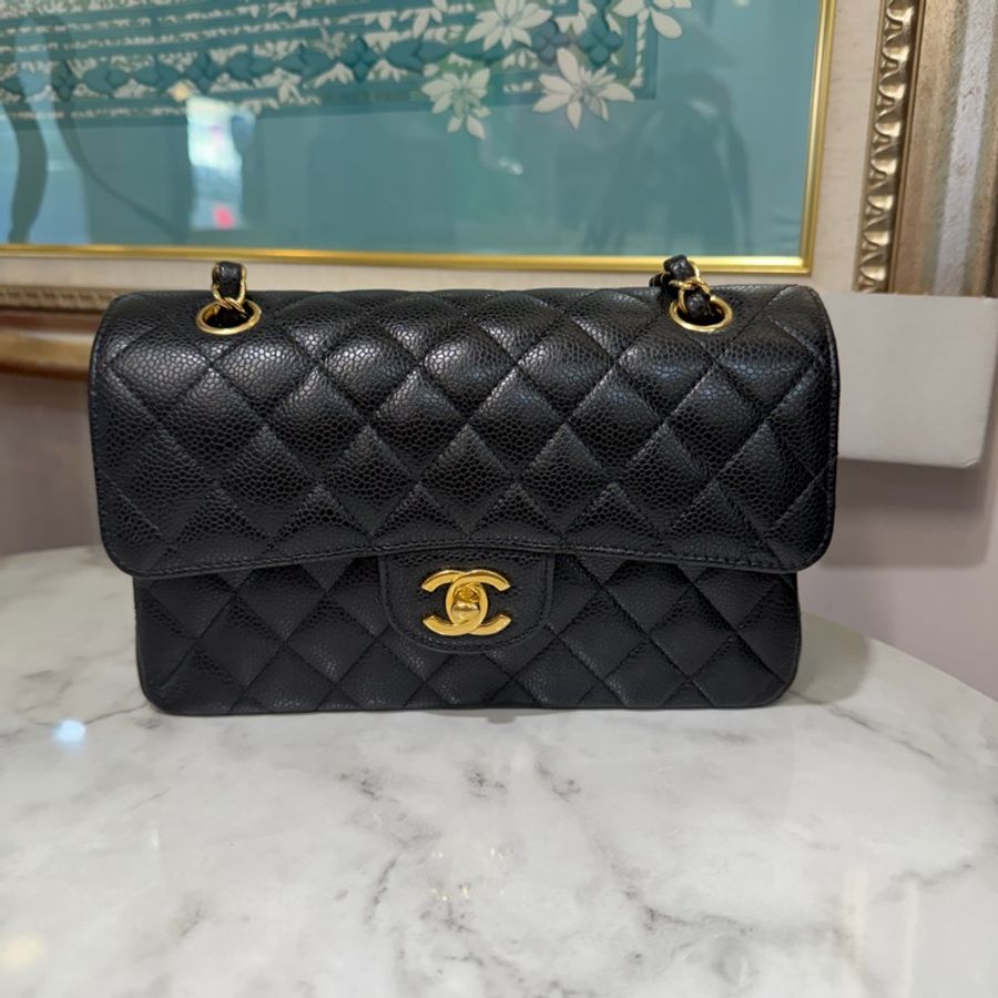 Chanel 黑荔枝牛皮菱格紋COCO23金釦雙層下蓋肩斜口蓋包A01113-0