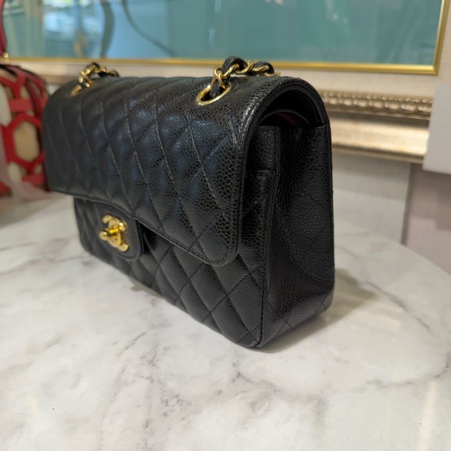 Chanel 黑荔枝牛皮菱格紋COCO23金釦雙層下蓋肩斜口蓋包A01113-3