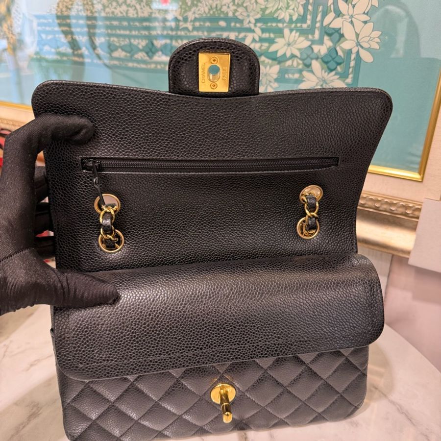 Chanel 黑荔枝牛皮菱格紋COCO23金釦雙層下蓋肩斜口蓋包A01113-5