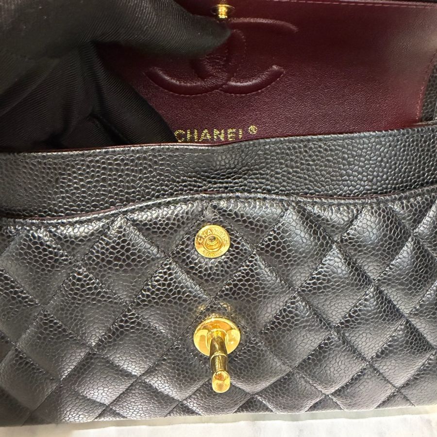 Chanel 黑荔枝牛皮菱格紋COCO23金釦雙層下蓋肩斜口蓋包A01113-8
