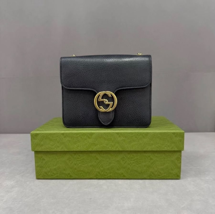 Gucci Interlocking 雙G金扣全皮風琴包-0