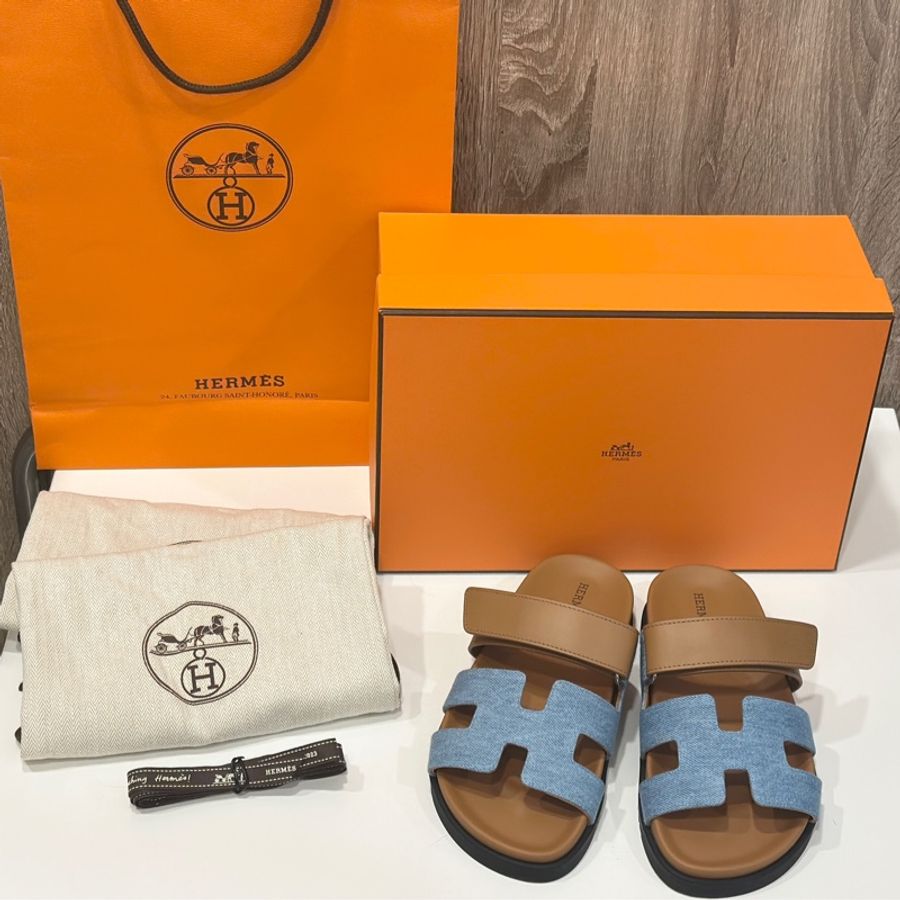 Hermes Chypre牛仔布拼接皮革二舅拖(36.5)-0