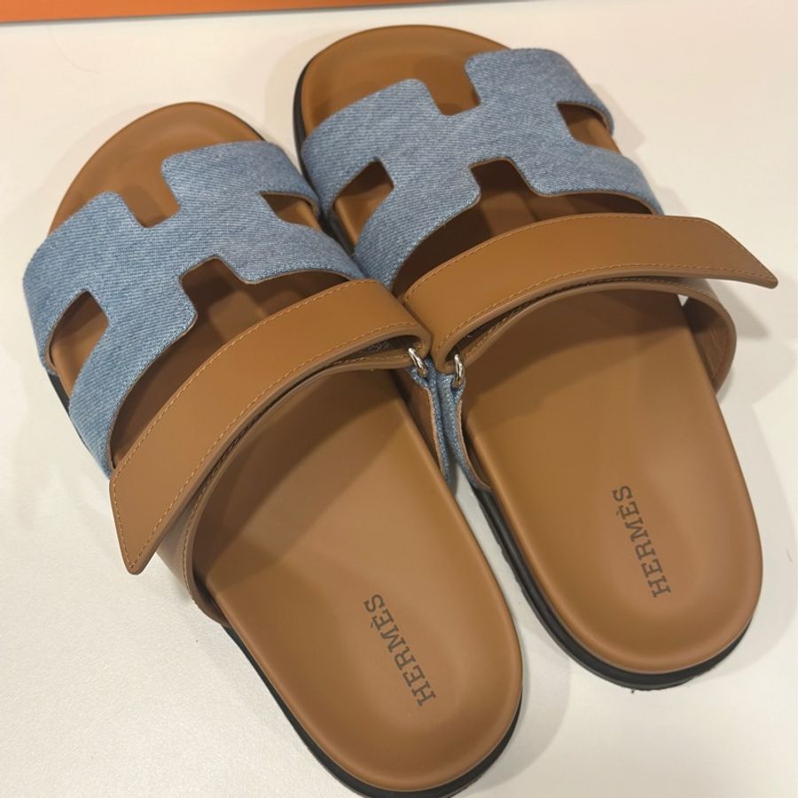 Hermes Chypre牛仔布拼接皮革二舅拖(36.5)-3