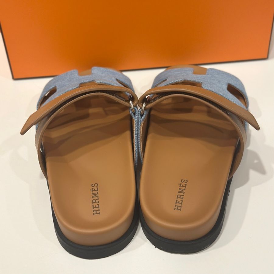 Hermes Chypre牛仔布拼接皮革二舅拖(36.5)-4