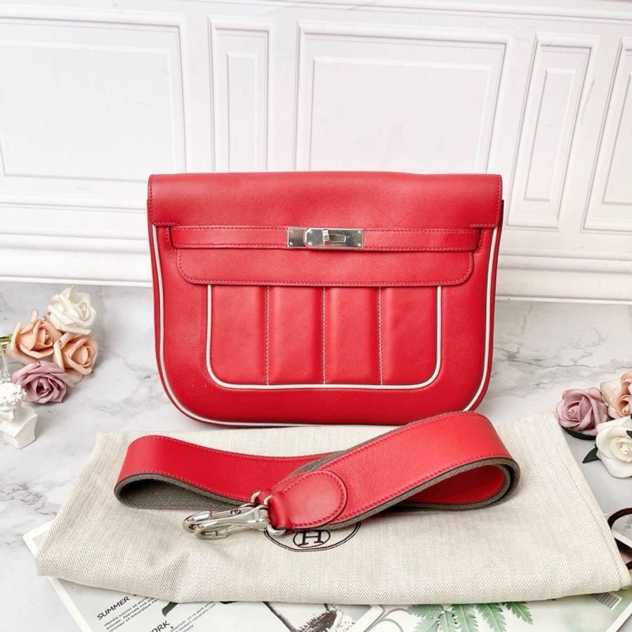 Hermes 紅色拼白邊Berlin28肩背包 28×21×8 98新配件塵袋-1