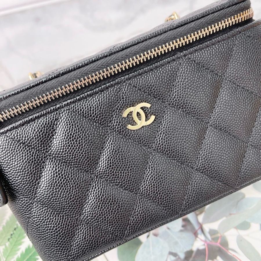 CHANEL 黑色金扣菱格鏈條肩帶牛皮荔枝紋盒子包化妝包肩背斜背包 17×8×9.5 98新配件塵袋保卡-2