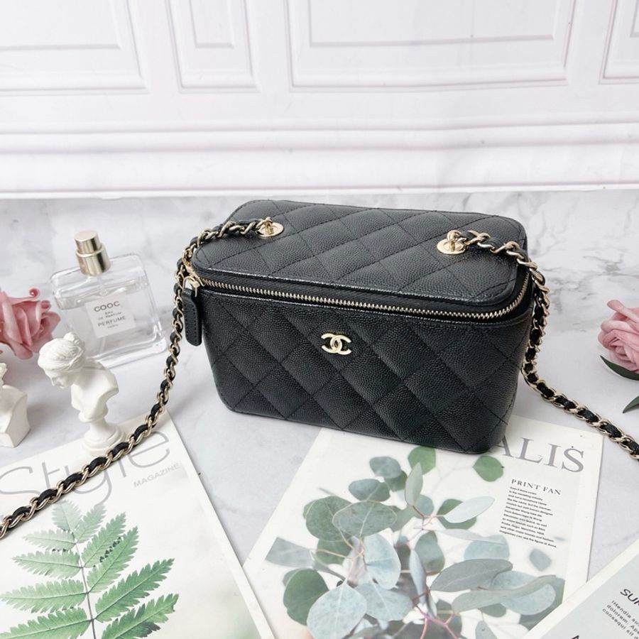 CHANEL 黑色金扣菱格鏈條肩帶牛皮荔枝紋盒子包化妝包肩背斜背包 17×8×9.5 98新配件塵袋保卡-6