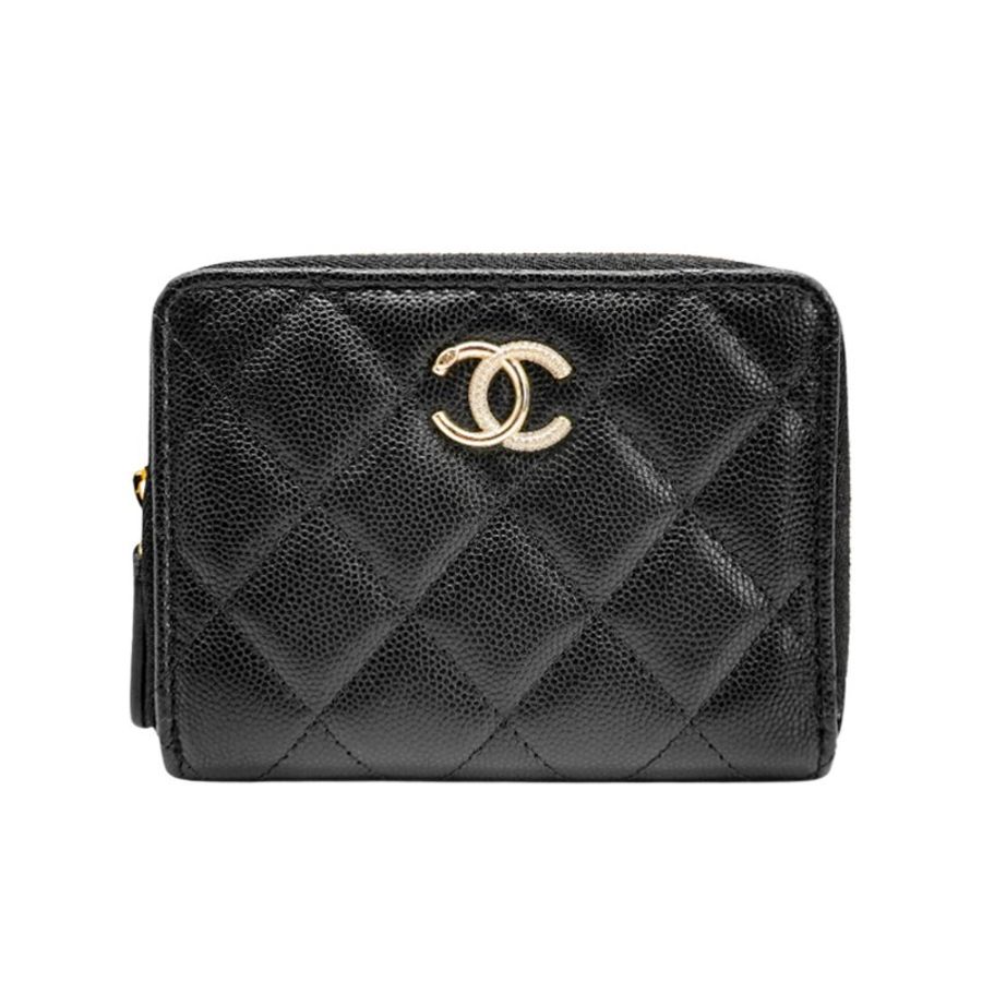 Chanel 粒紋牛皮刻紋金logo拉鍊對開短夾(AP4910-黑)-0