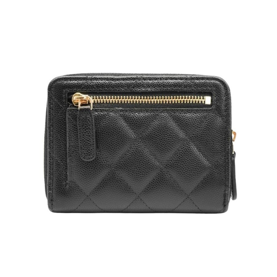 Chanel 粒紋牛皮刻紋金logo拉鍊對開短夾(AP4910-黑)-2