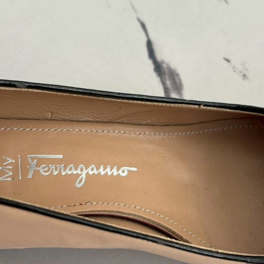 Salvatore Ferragamo 米白拼黑色蝴蝶結低跟鞋-20