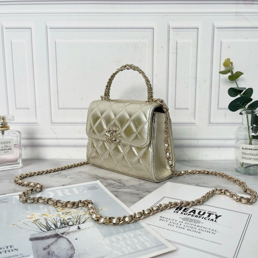 Chanel 25S香檳金kelly手提斜背包芯片款11.5×14.5×5.5 98新配件塵袋盒子購證-3