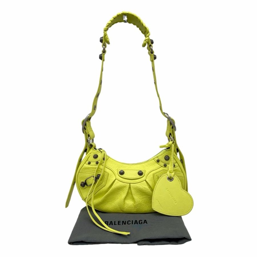 「JL精品代購」極新 Balenciaga螢光黃色Le Cagole月牙豌豆款機車包-0