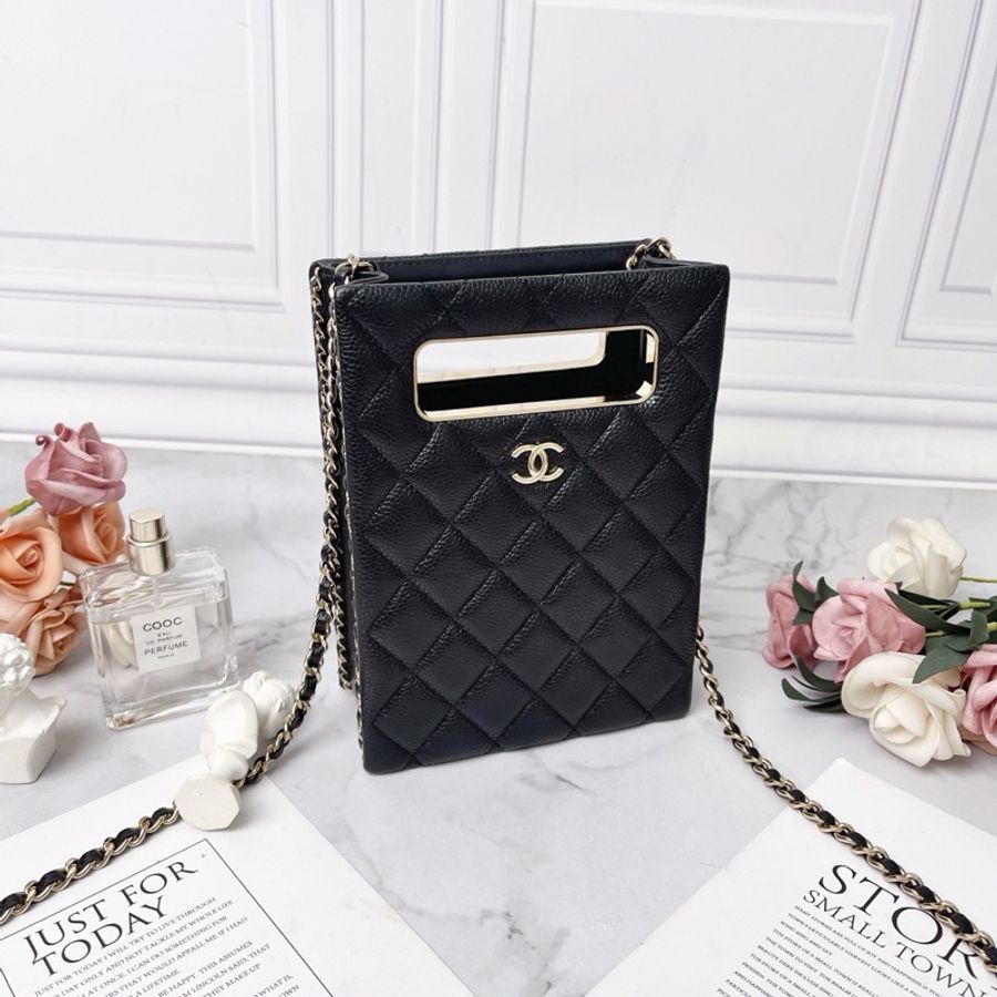 Chanel 22S黑色羊皮荔枝紋borsa da sera mini 手提肩背斜背包 19×14×3 98新配件塵袋盒子購證-3